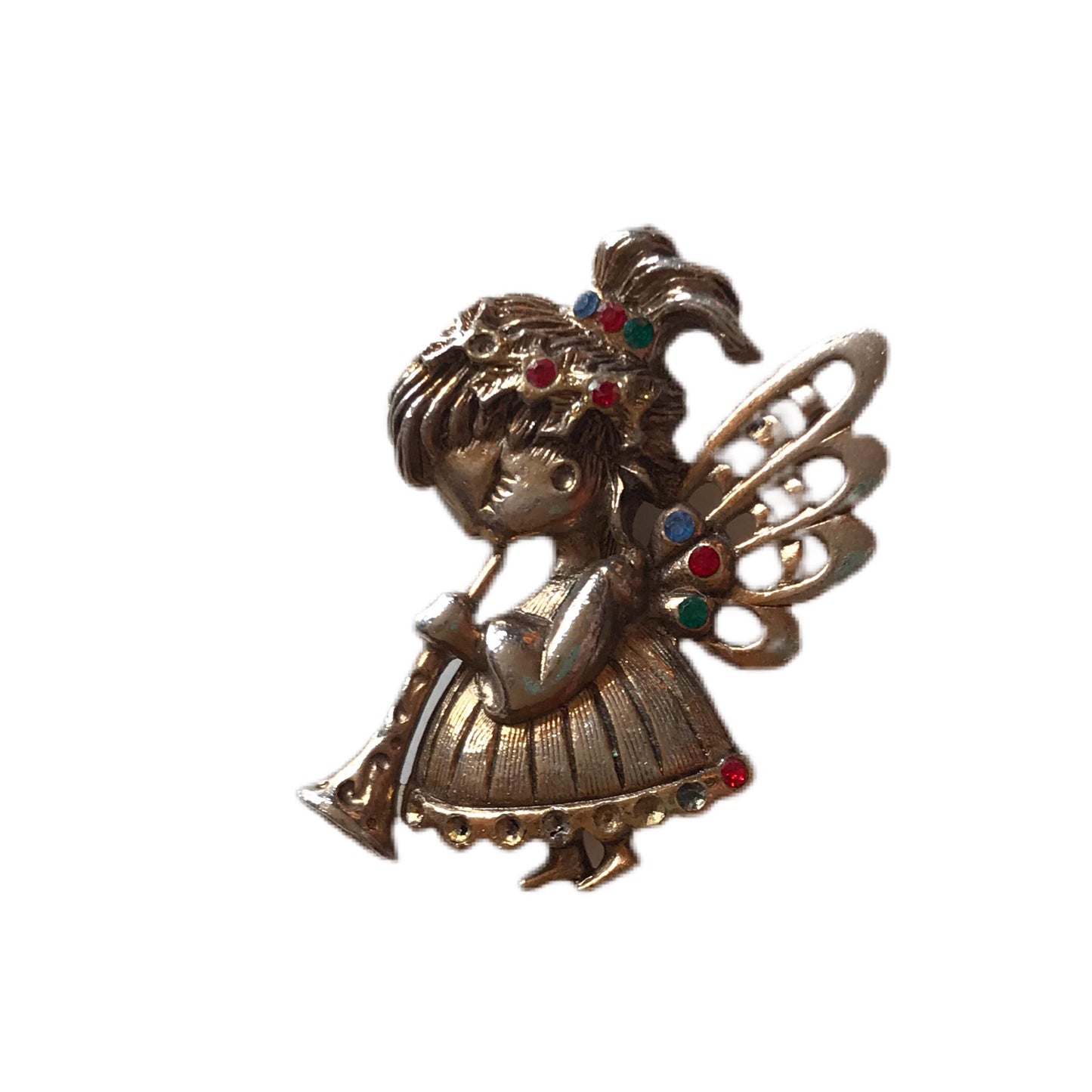 Bronze Tone Metal Angel and Horn Brooch circa 1960s