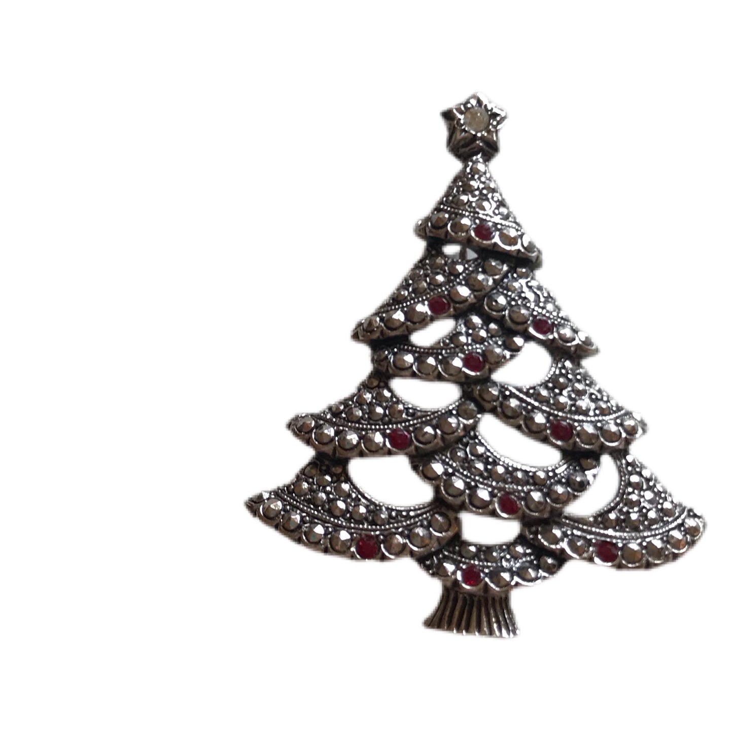 Marcasite Silver Metal Christmas Tree Brooch with Red Rhinestones circa 1960s