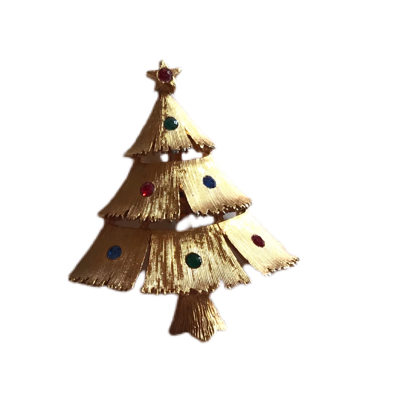 Christmas Gold Tone Metal Christmas Tree Brooch with Rhinestones circa 1960s JJ