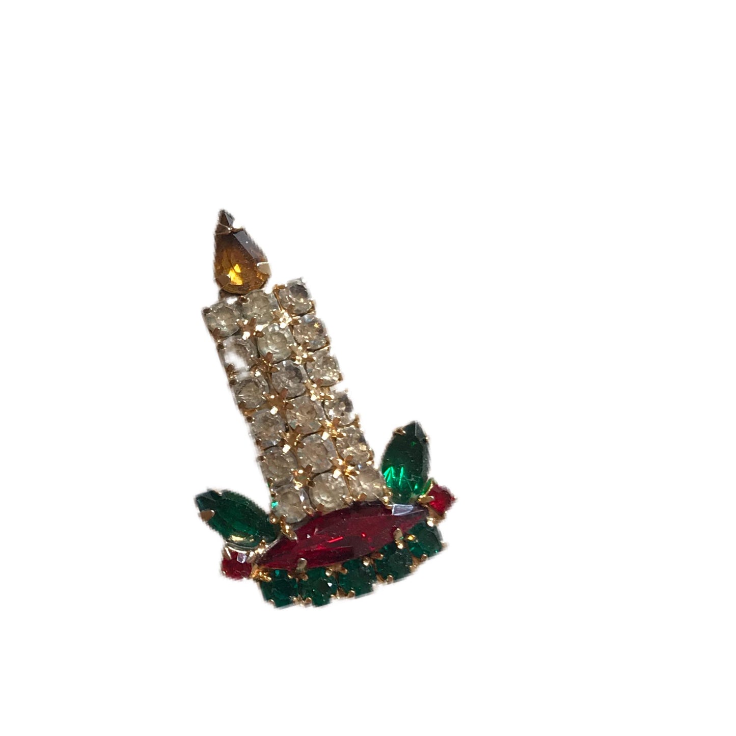 Red Green and Clear Rhinestone Holiday Candle Brooch circa 1960s