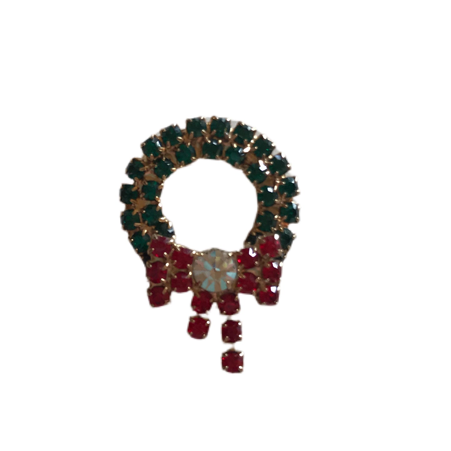 Red Green and Clear Rhinestone Holiday Wreath Brooch circa 1960s