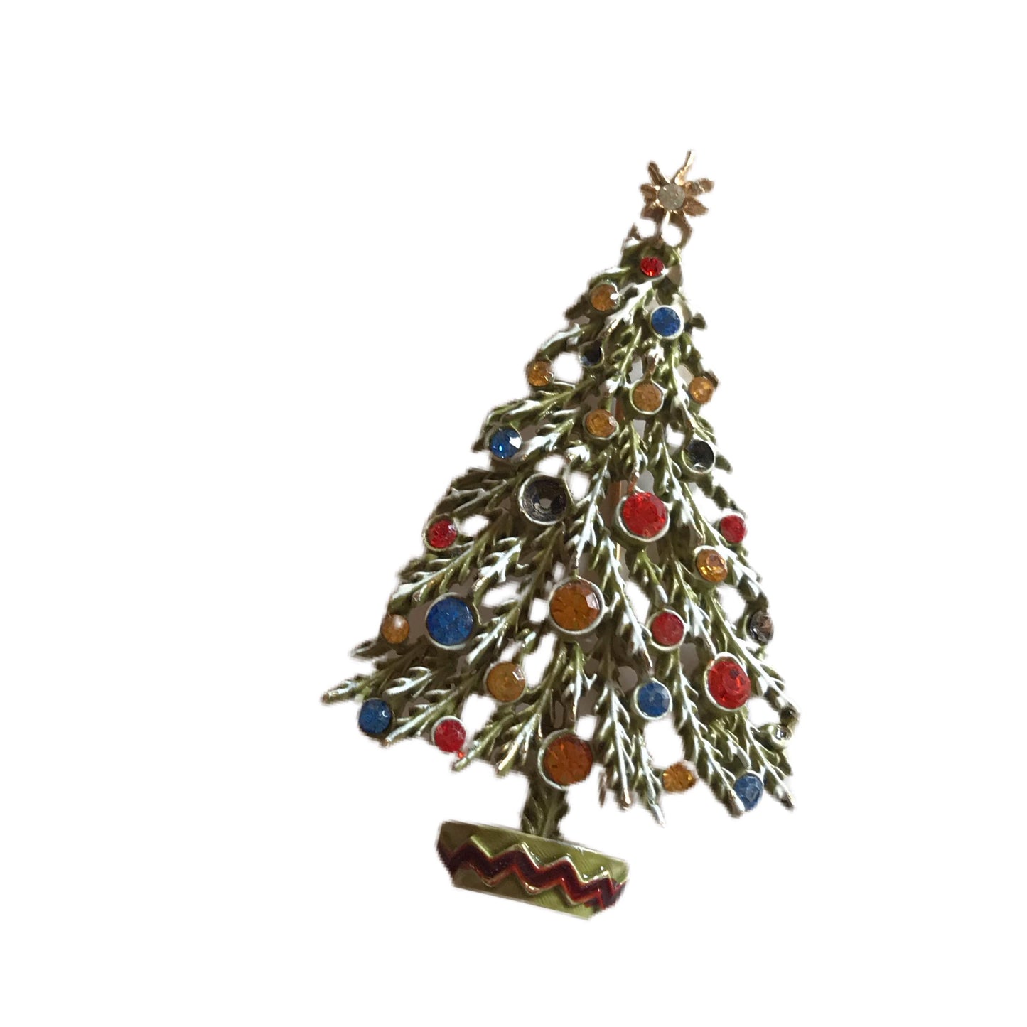 Frosted Christmas Gold Tone Metal Christmas Tree Brooch with Rhinestones circa 1960s