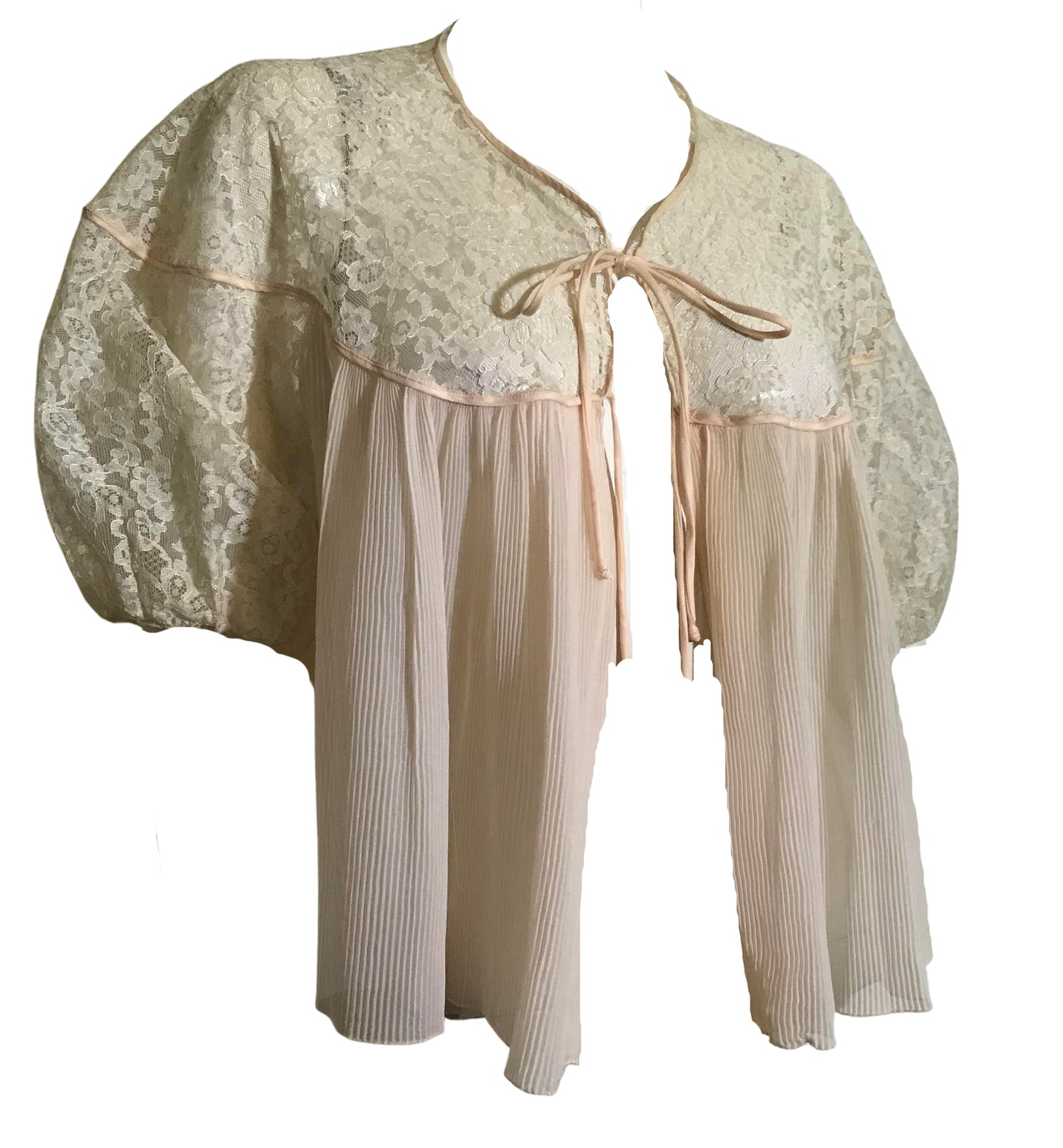 Sheer Peach Pleated Nylon Chiffon Lace Trimmed Bed Jacket circa 1950s