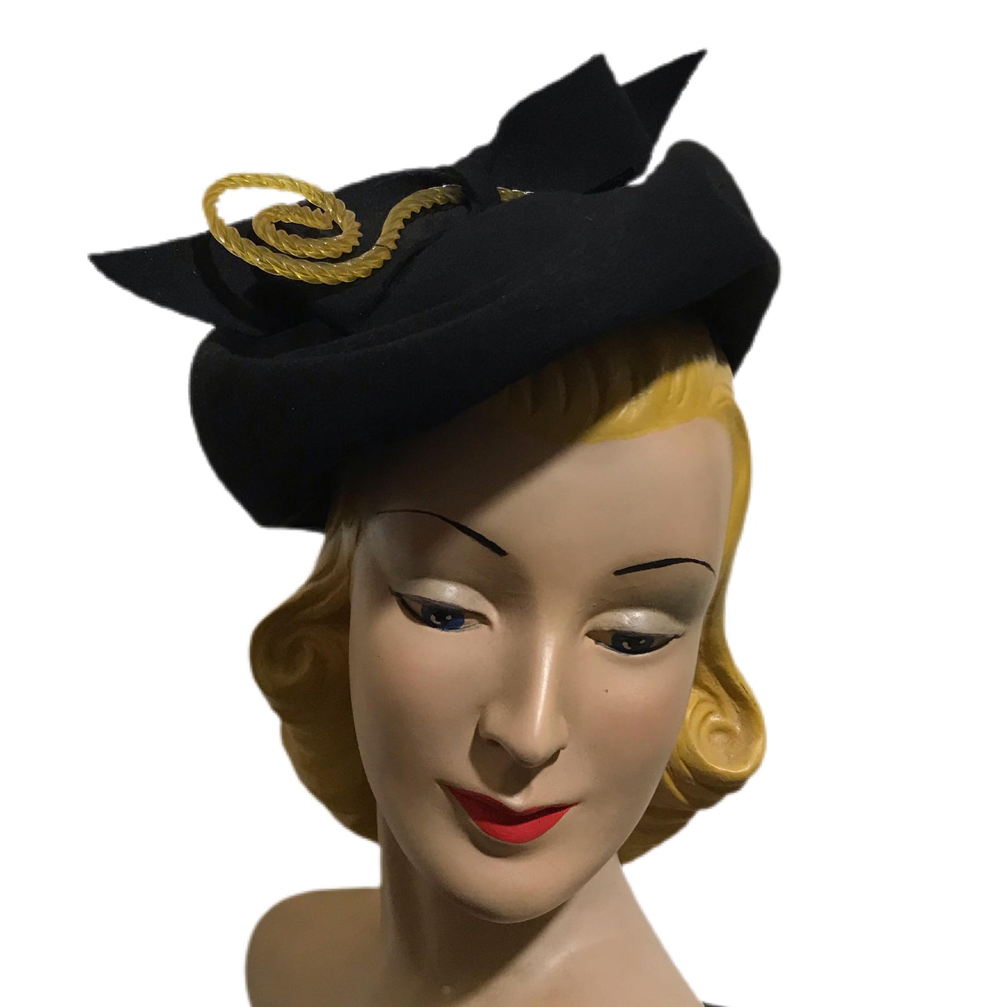 Black Folded Felted Wool Cocktail Hat with Spun Lucite Accent circa 1940s