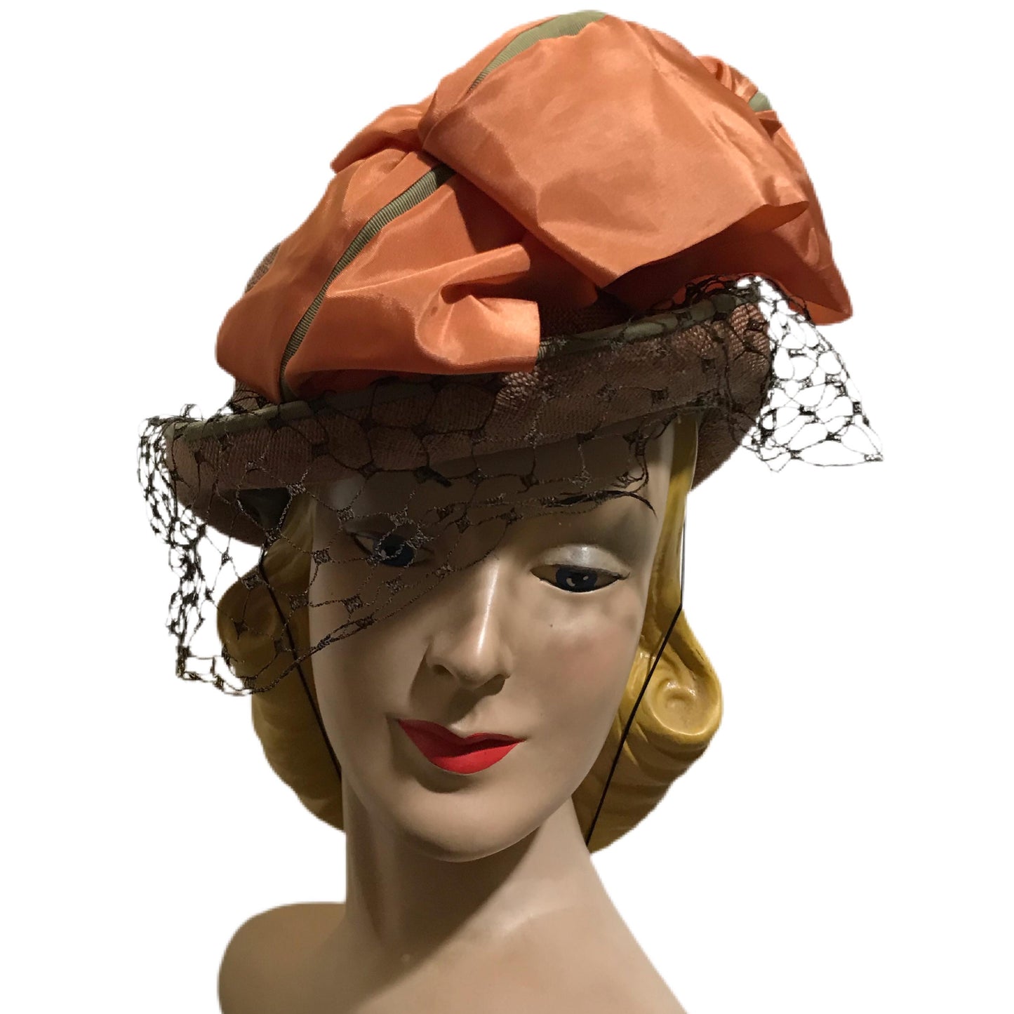 Fawn Sisal Veiled Tilt Hat with Tangerine Bow circa 1940s