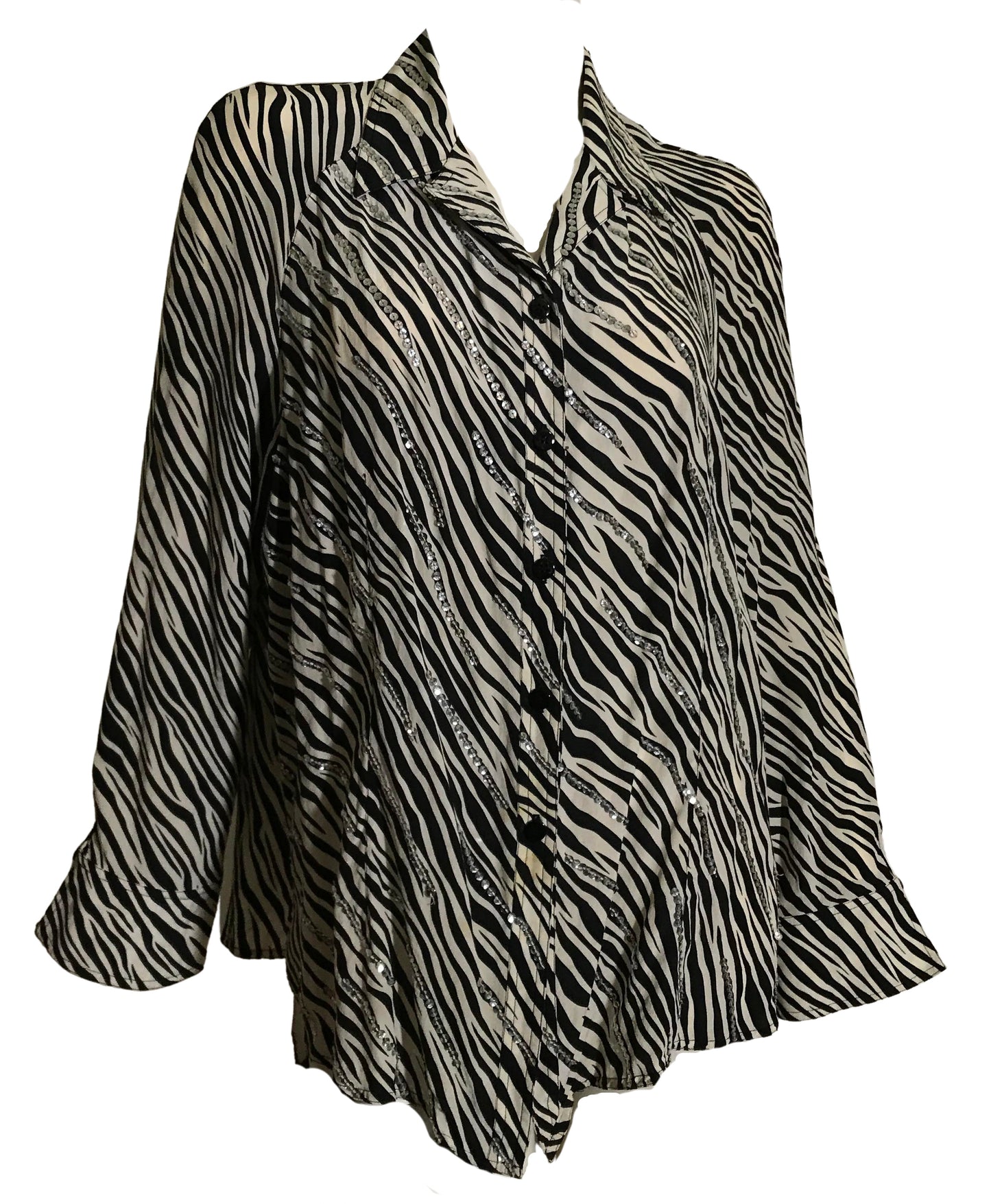 Chic Zebra Striped Silk Swing Cut Blouse with Sequins circa 1990s
