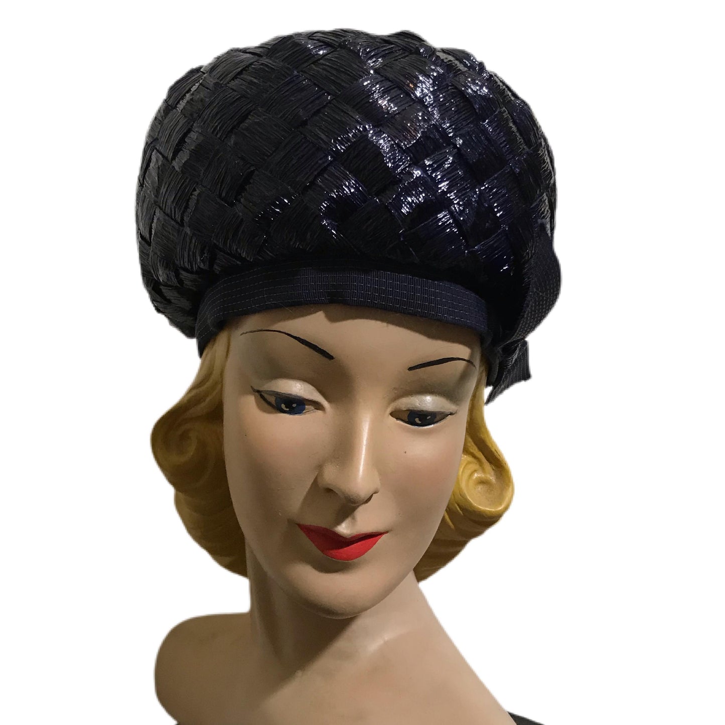 Deep Blue Mod Glossy Sisal Tall Pillbox Hat with Bow Hat circa 1960s