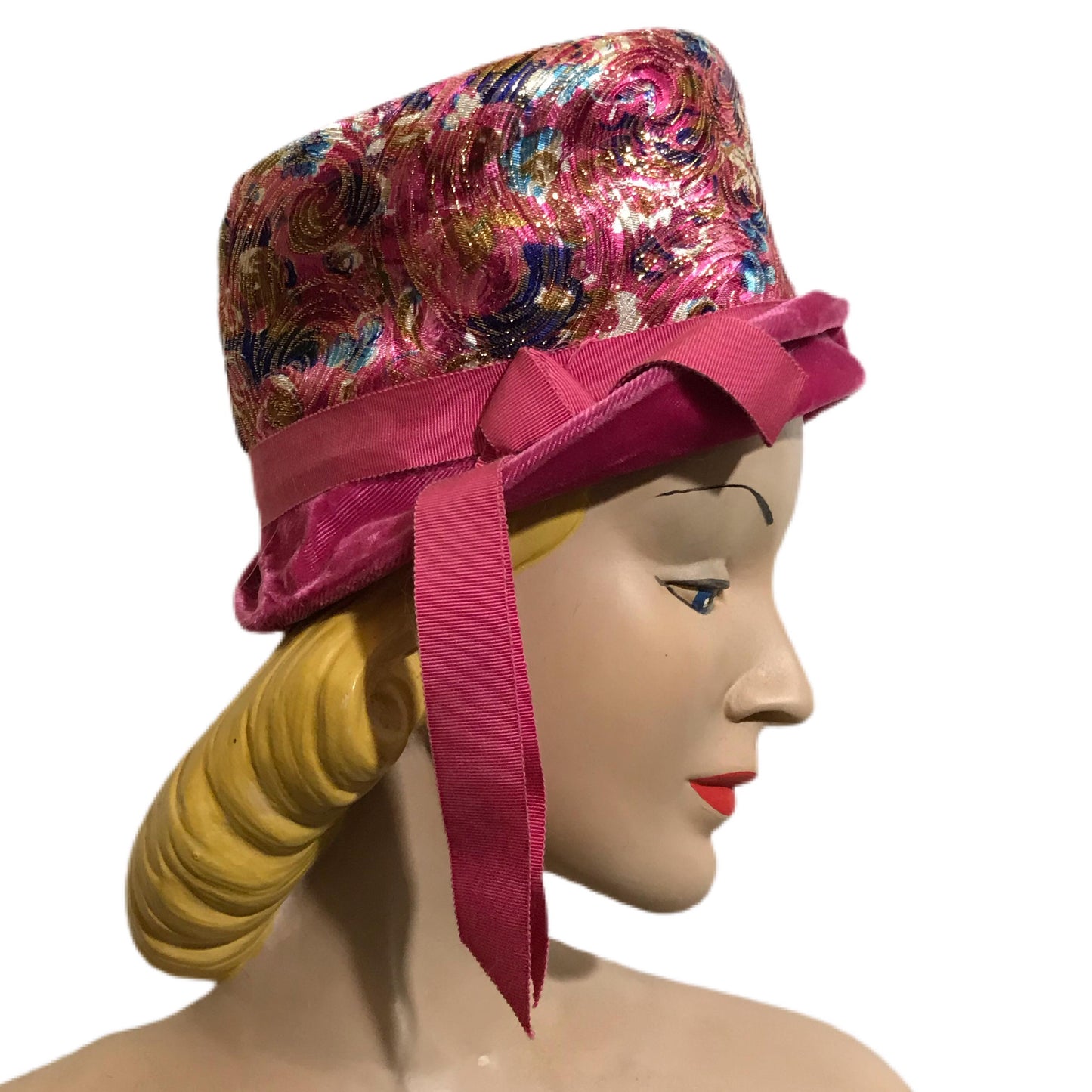 Metallic Pink and Gold Small Brim Hat with Bow circa 1960s