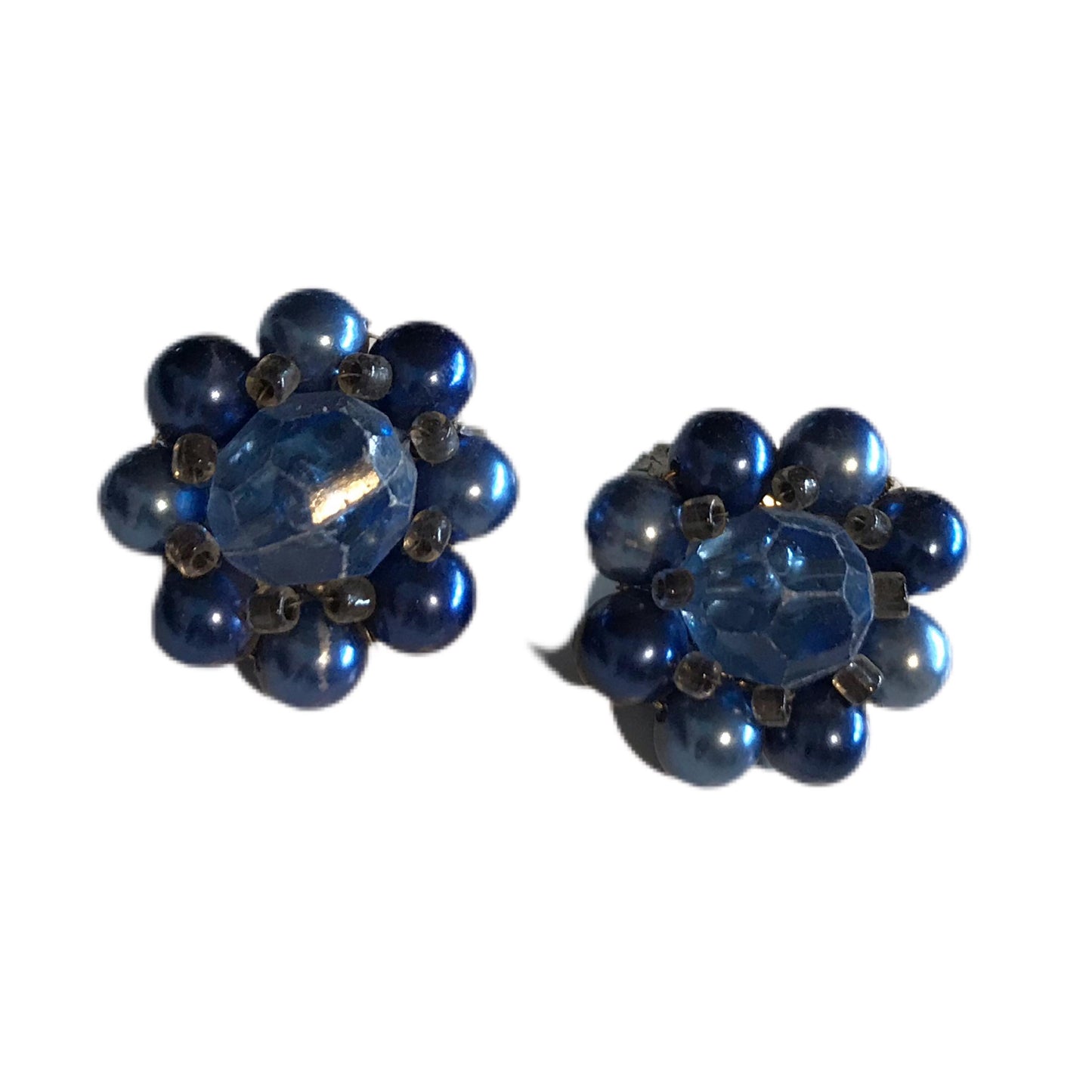 Shimmering Blue Bead Cluster Clip Earrings circa 1960s