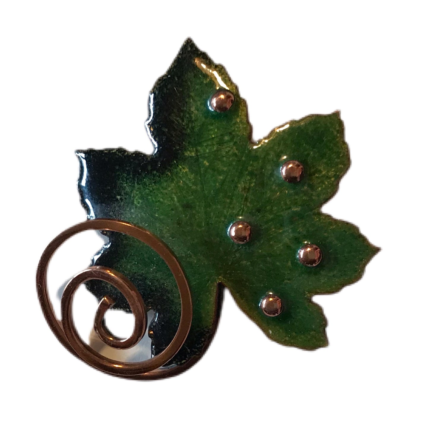 Enameled Copper Green Leaf with Coil Brooch circa 1940s