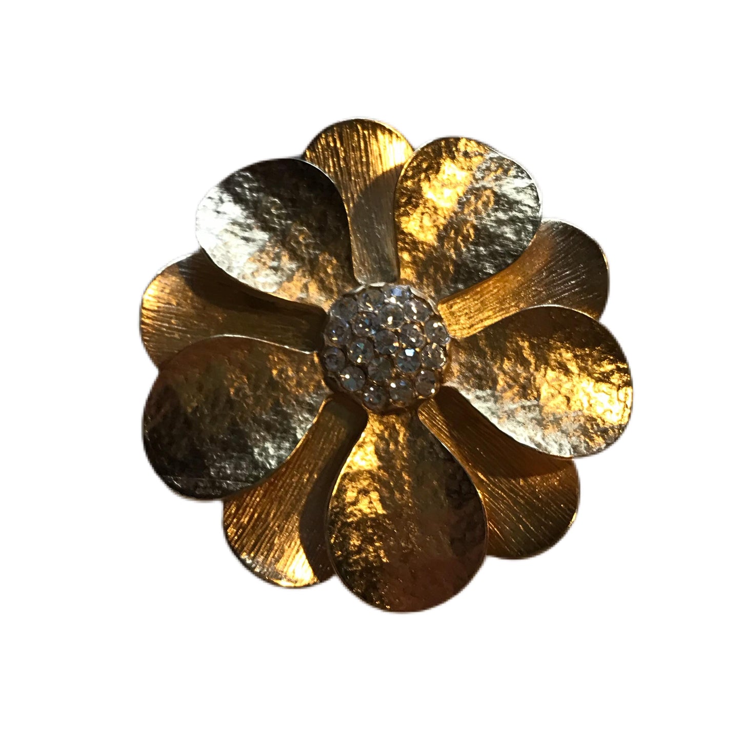 Brushed Gold Tone Metal Flower Brooch  or Pedant w/ Rhinestones circa 1960s