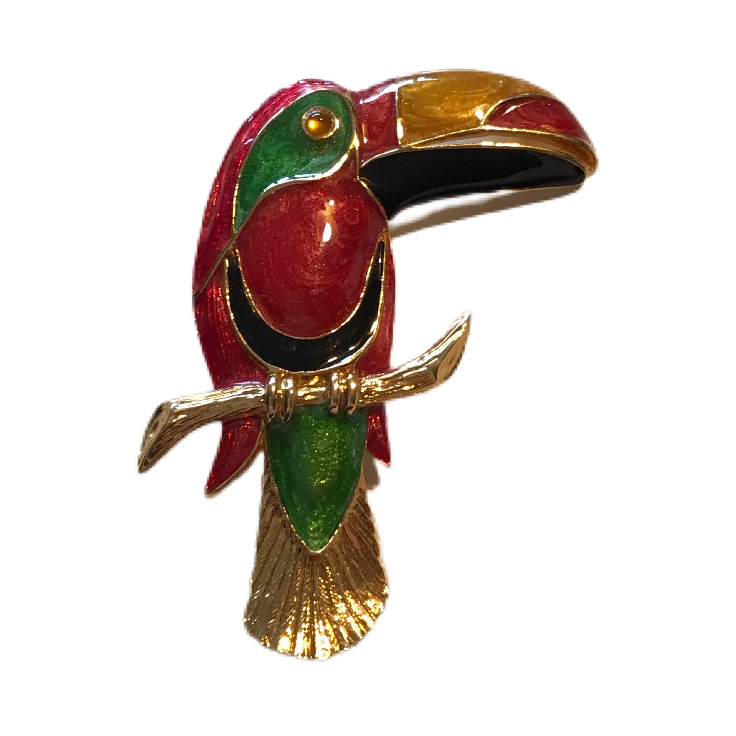 Huge Red and Green Enameled Toucan Brooch circa 1970s