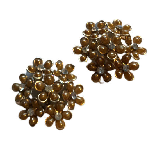 Golden Celluloid and Rhinestone Flower Clip Earrings circa 1950s