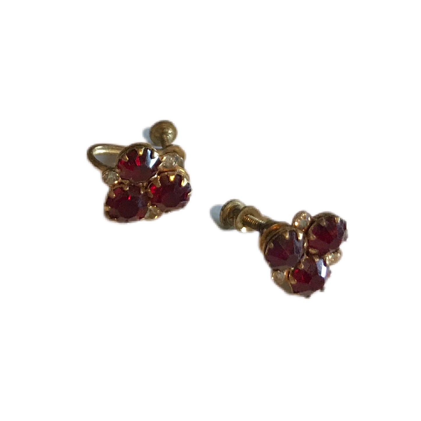 Ruby Red Rhinestone Brass Tone Screw Back Metal Clip Earrings circa 1940s