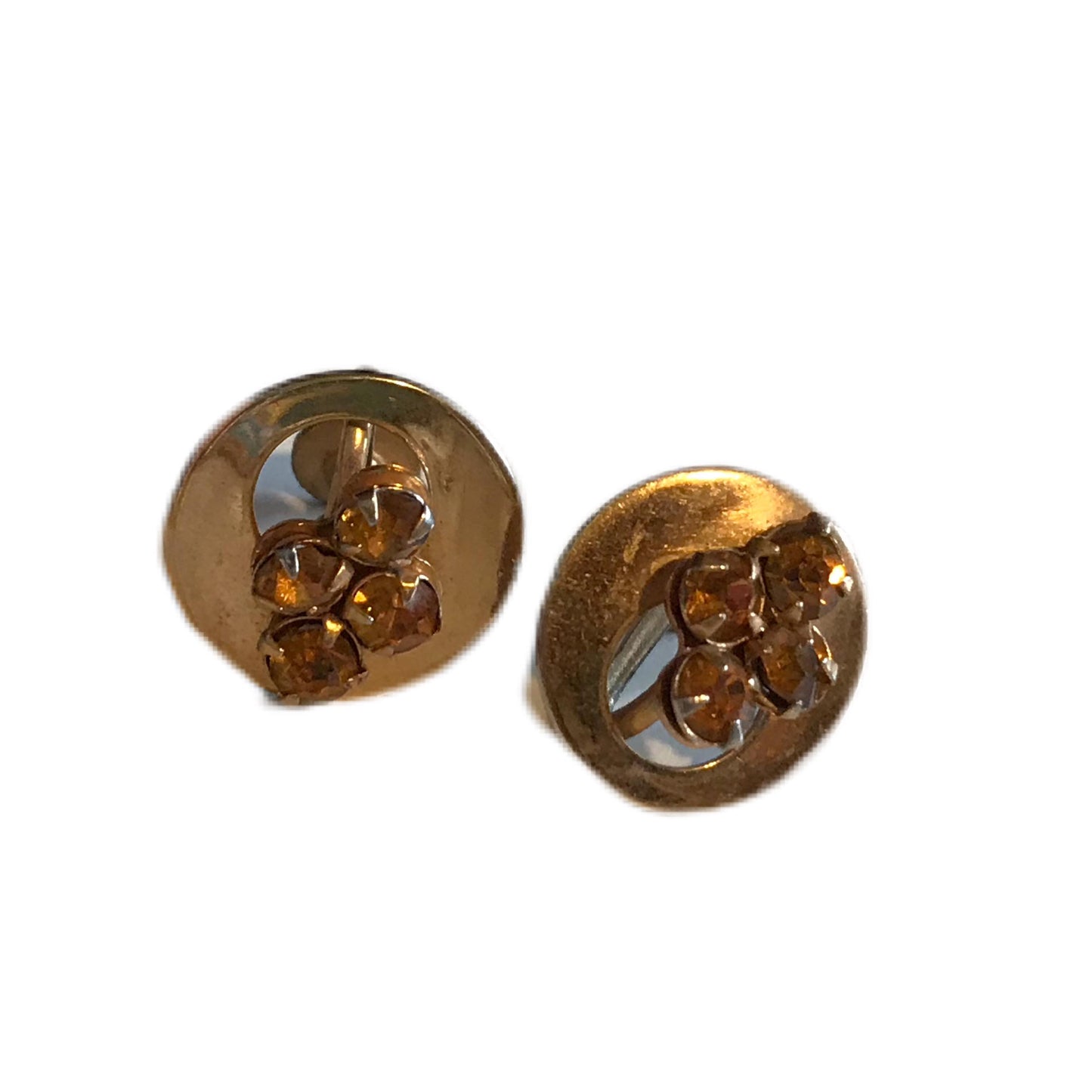Topaz Colored Rhinestone Brass Tone Metal Clip Earrings circa 1940s