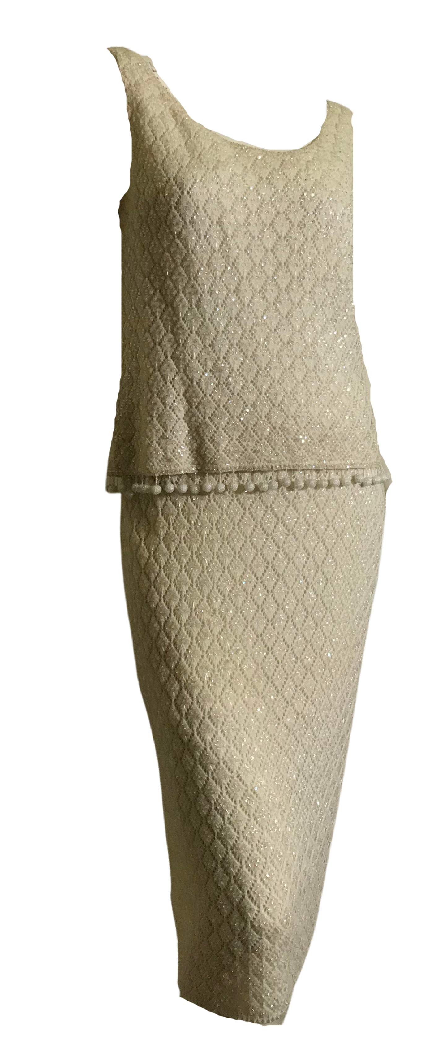 Creamy Knit Wool Beaded and Sequined 2 Pc Dress with Beaded Pom Pom Fringe circa 1960s