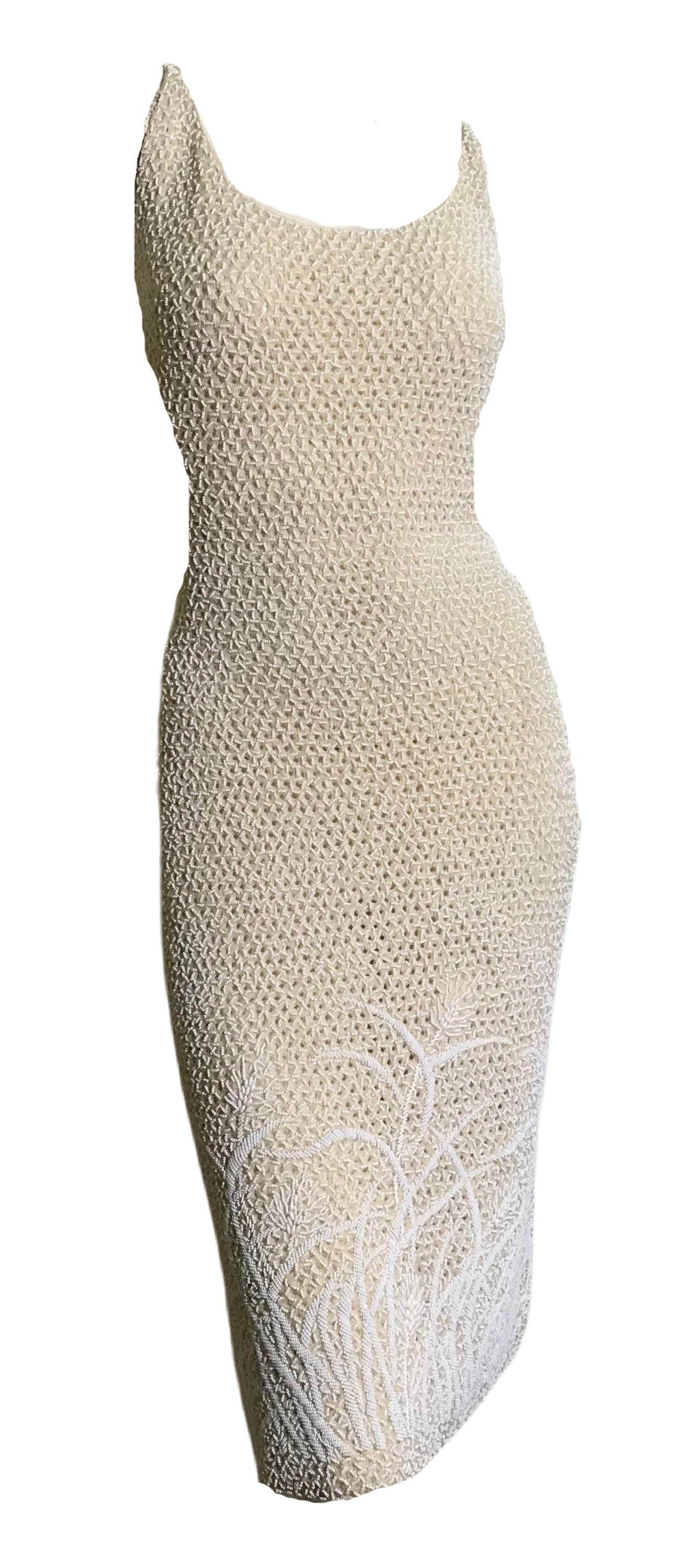 Heron White Art Nouveau Design Glass Beaded Wool Cocktail Dress circa 1960s