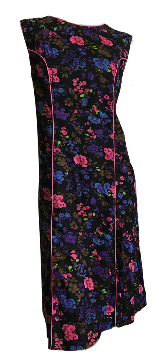 Bright Blue and Pink Floral Print Shift Dress with Back Cut Outs circa 1960s