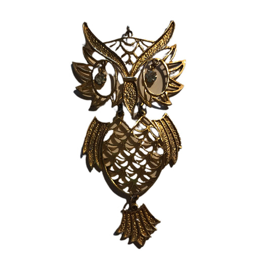 Gold Tone Metal Delicate Articluated Owl Pendant Dangling Rhinestone Eyes circa 1970s