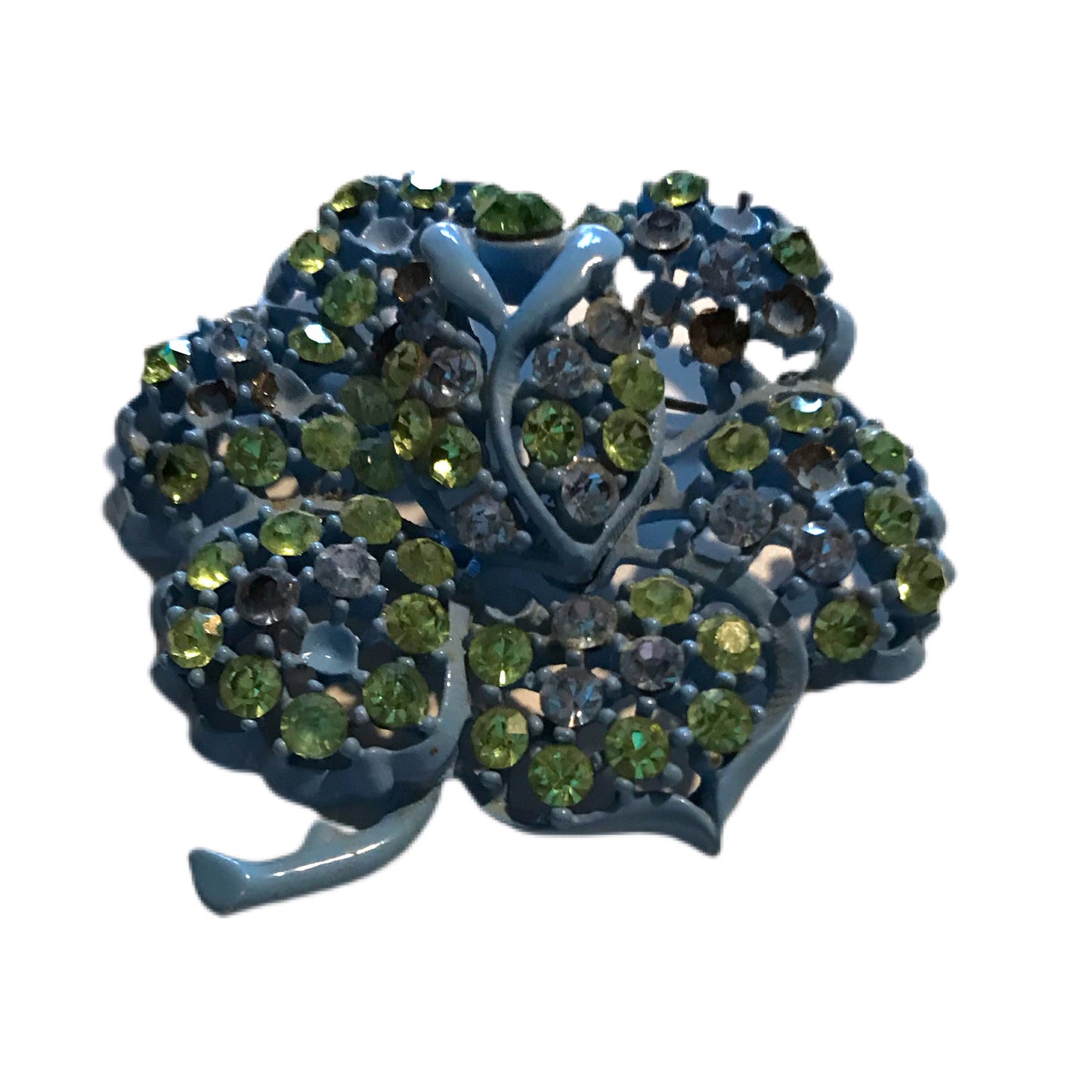 Cyan Blue Enameled Metal Flower Brooch with Green Rhinestones circa 1960s