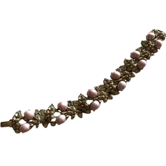 Pink Faux Baroque Pearls and Rhinestones Silver Tone Metal Bracelet circa 1960s