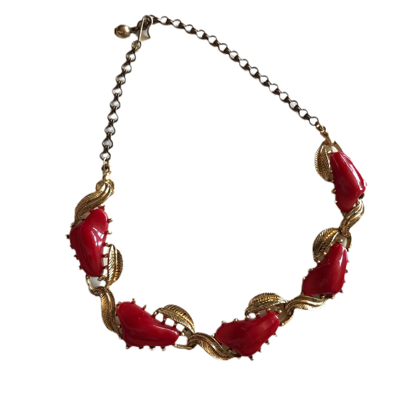 Thermoset Red Plastic and Gold Tone Leaves Necklace circa 1960s