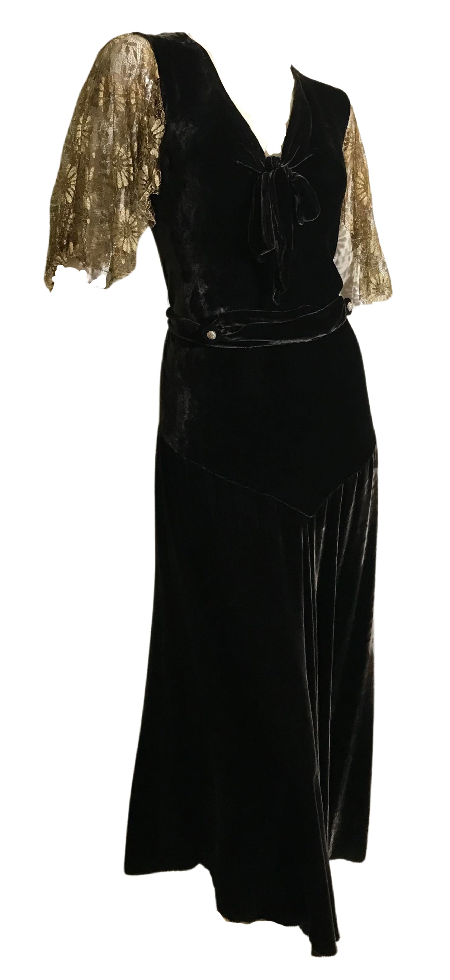 Deepest Cocoa Silk Velvet Dress with Lace Cape Sleeves and Matching Jacket with Flower circa 1930s
