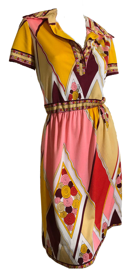 Pink and Melon Abstract Print Paganne Dress circa 1970s