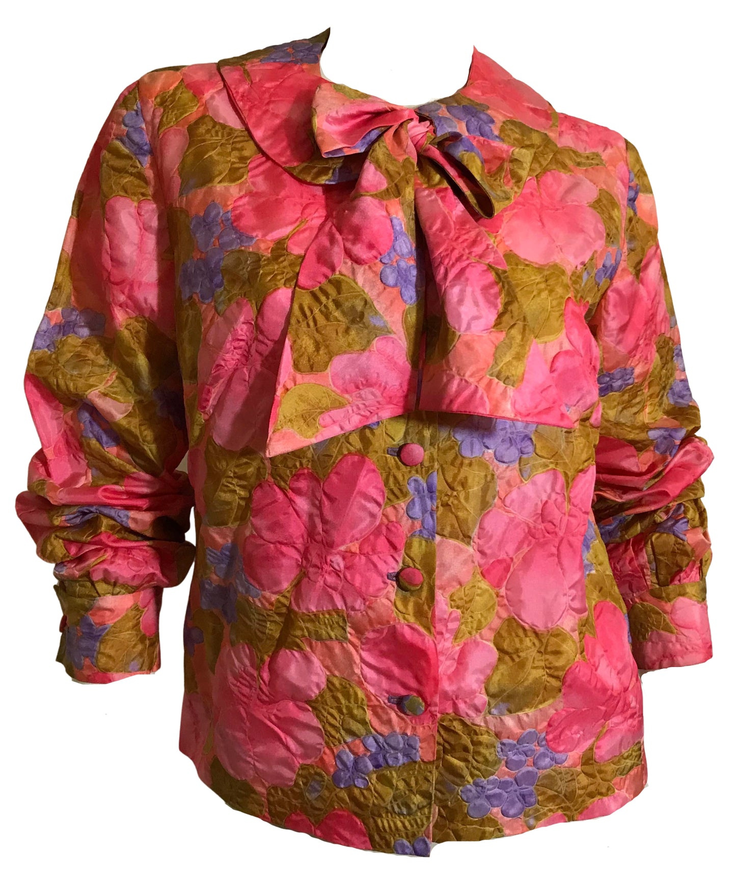 Electric Pink Textured Floral Print Blouse with Bow circa 1970s
