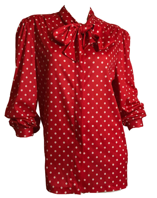 Red and White Polka Dot Button Up Blouse with Pussy Bow circa 1970s