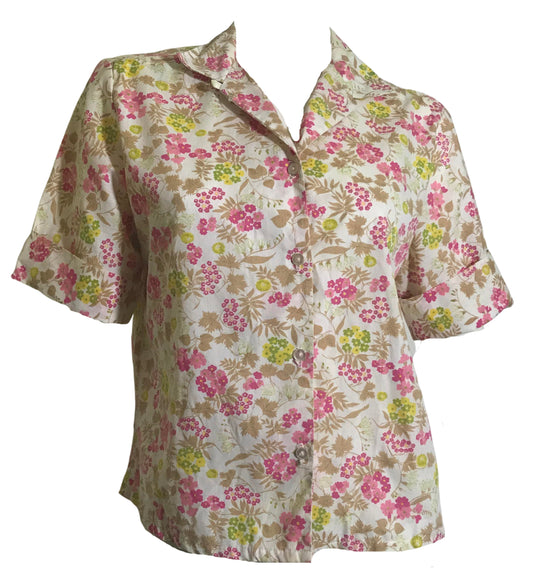 Pink and Tan Floral Cotton Blend Button Down Blouse circa 1960s