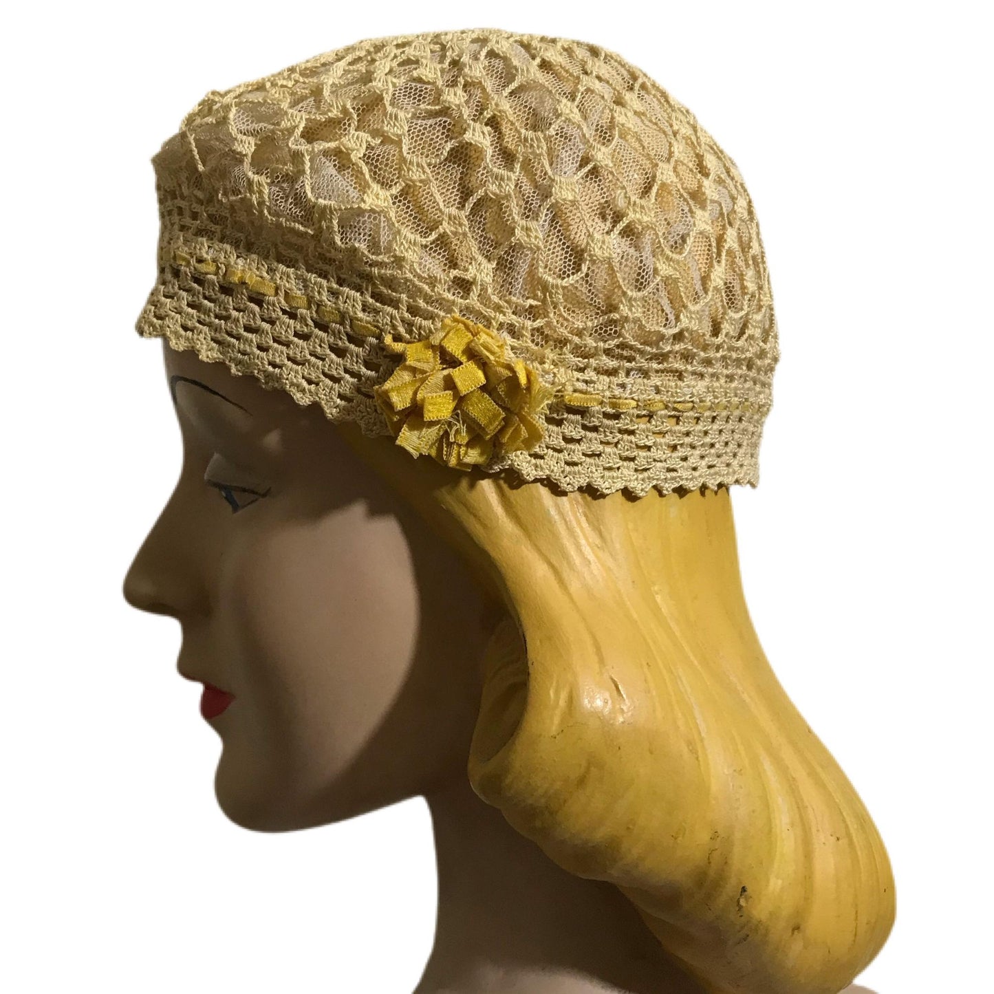 Ivory Lace Bow Trimmed Cap Hat circa Early 1900s