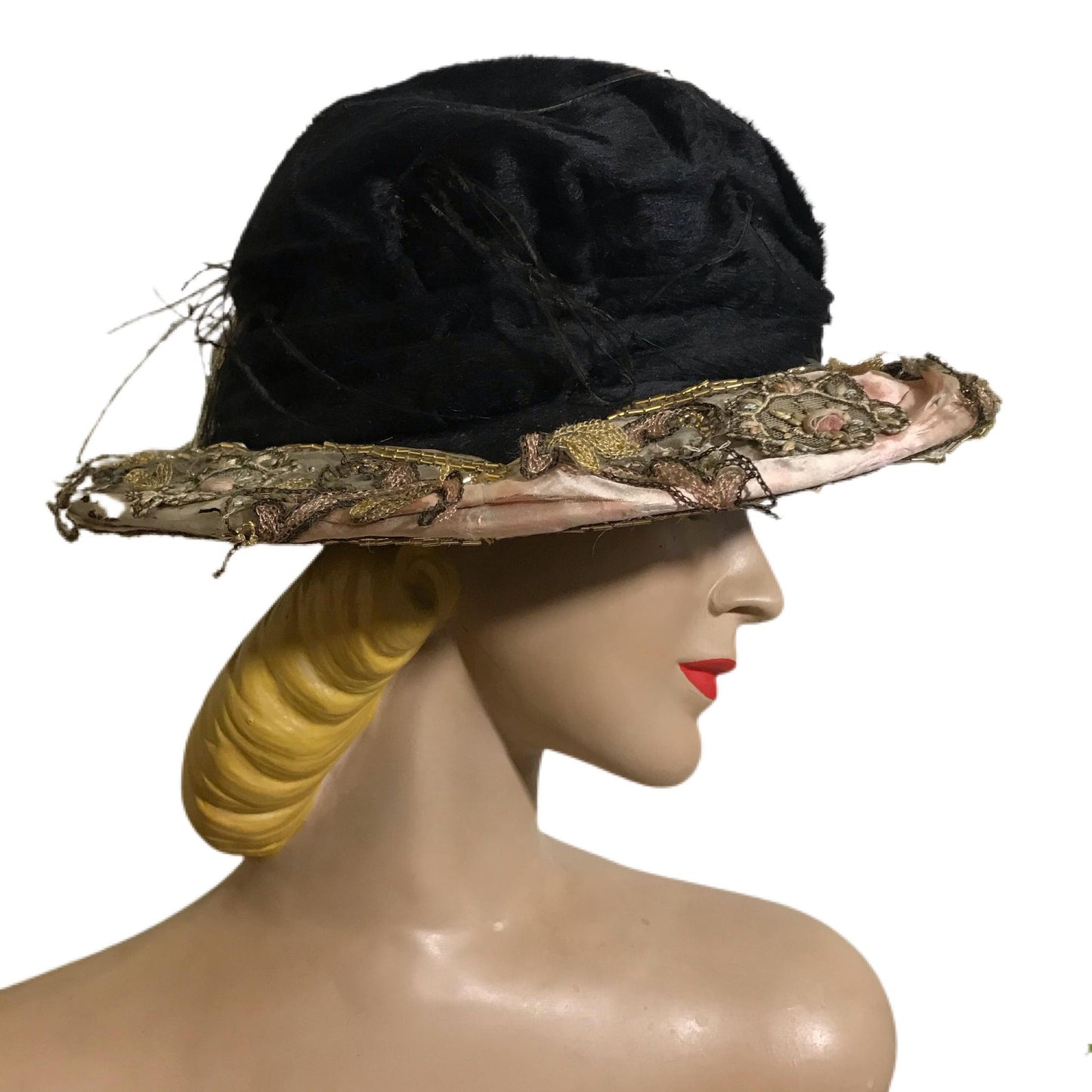 Edwardian Black & Pink Velvet Asymetrical Brim Hat with Beading and Lace circa Early 1900s