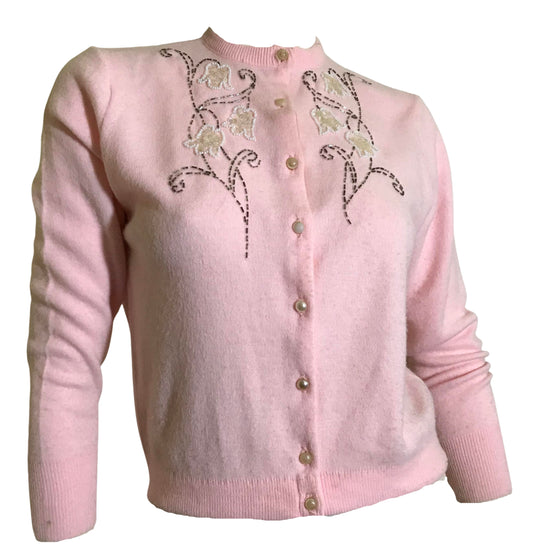 Candy Pink Sweater with Sequined and Beaded Flowers circa 1960s