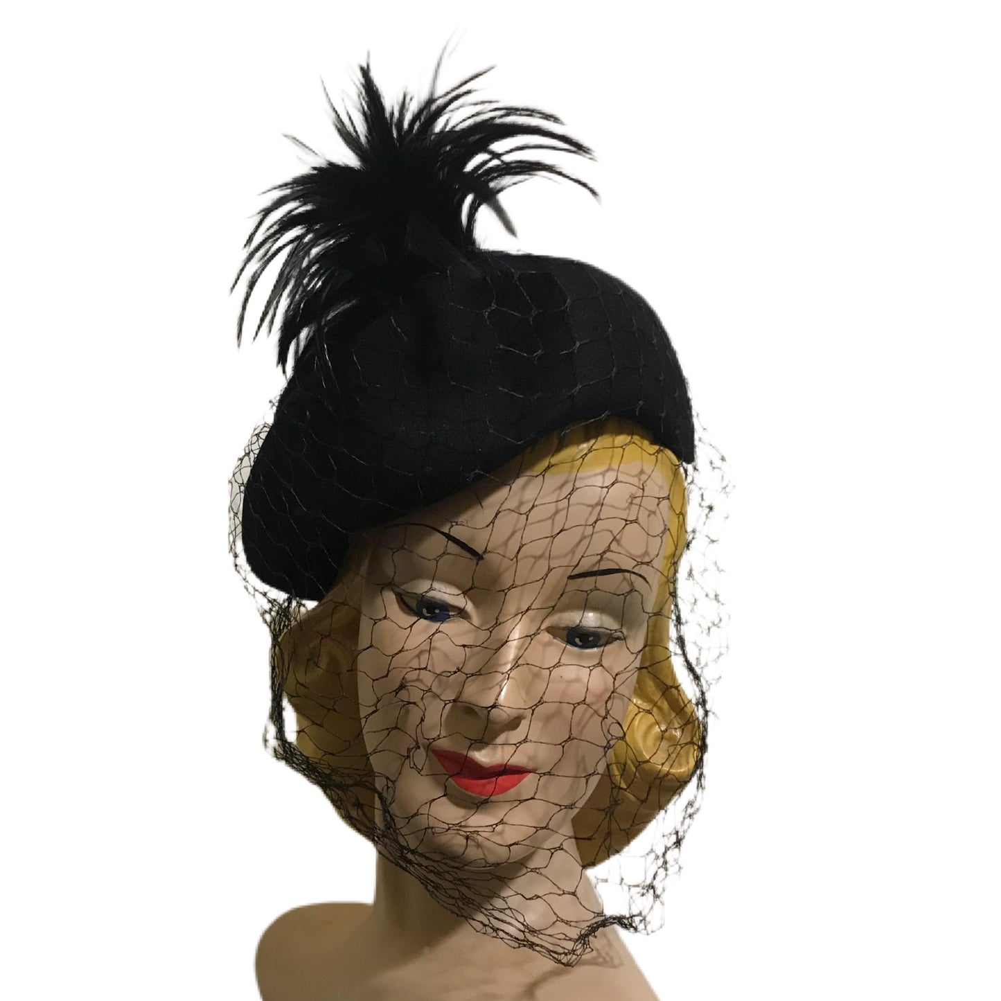 Rounded Black Velvet Cocktail Hat with Feather Plume circa 1940s