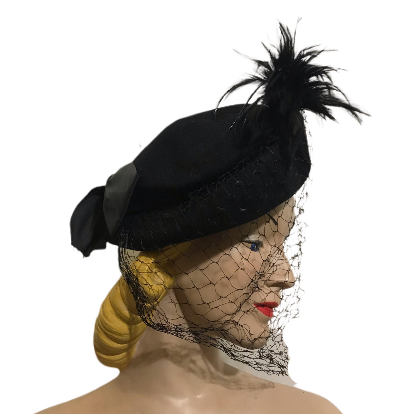 Midnight Black Dramatic Asymmetrical Tilt Hat with Feather Plume circa 1940s