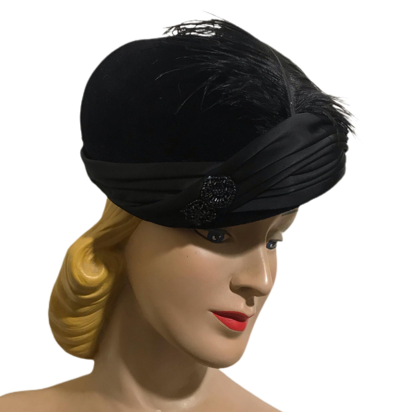 Black Rounded Front Tilt Hat with Beaded Feather Plume circa 1940s