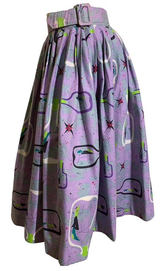 Lavender Ombre Dyed Cotton Midcentury Modern Atomic Print Full Skirt circa 1950s