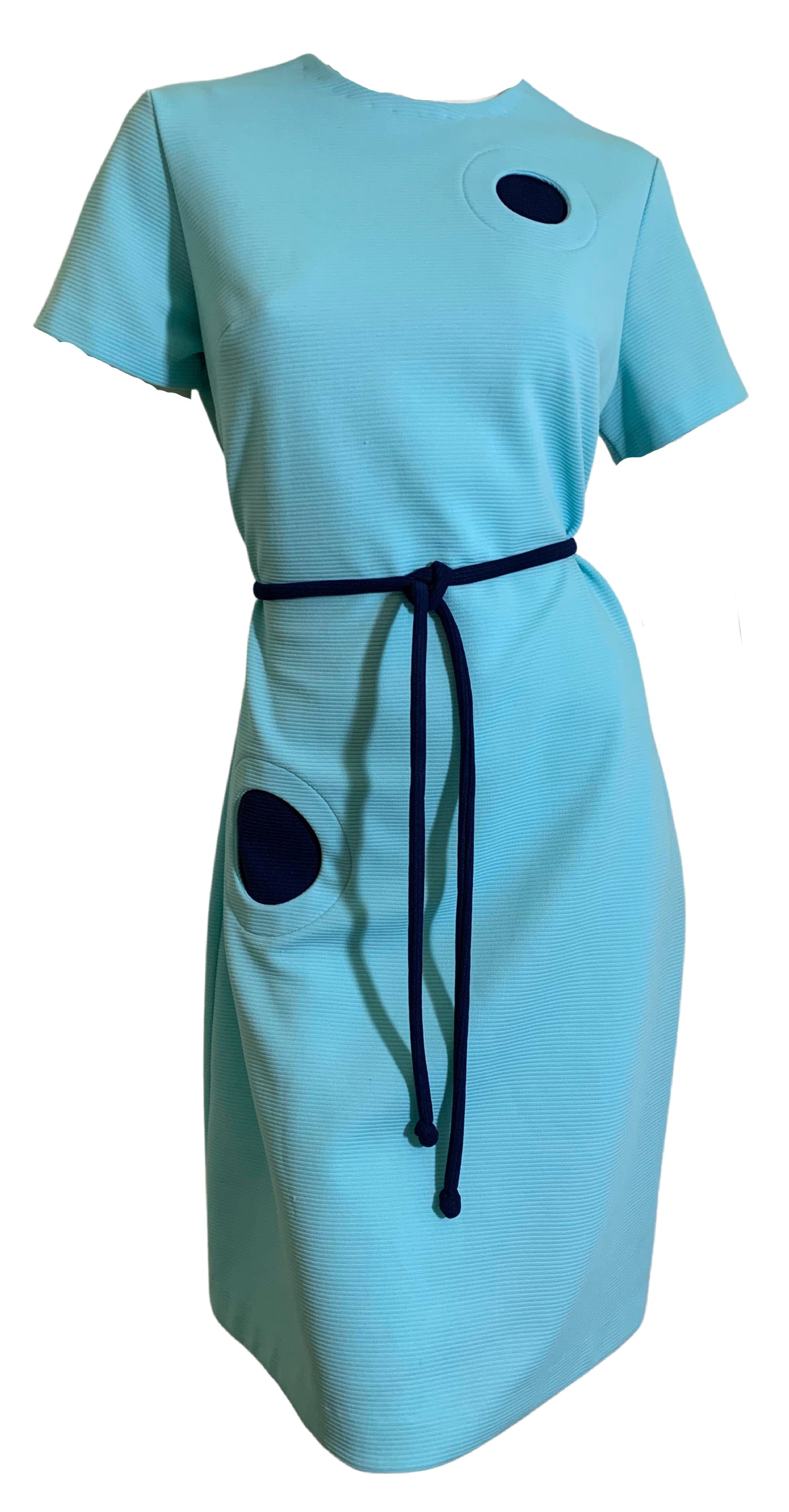 Mod Layered Dot Trimmed Blue Belted Shift Dress circa 1960s