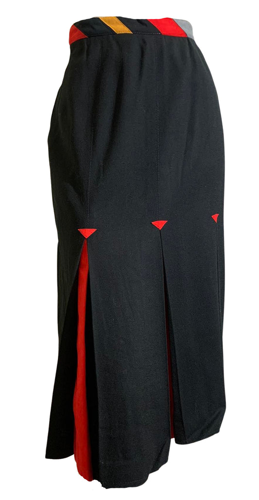 Black Wool Pencil Skirt with Red Pleats Rainbow Ultraseude Trim circa 1980s