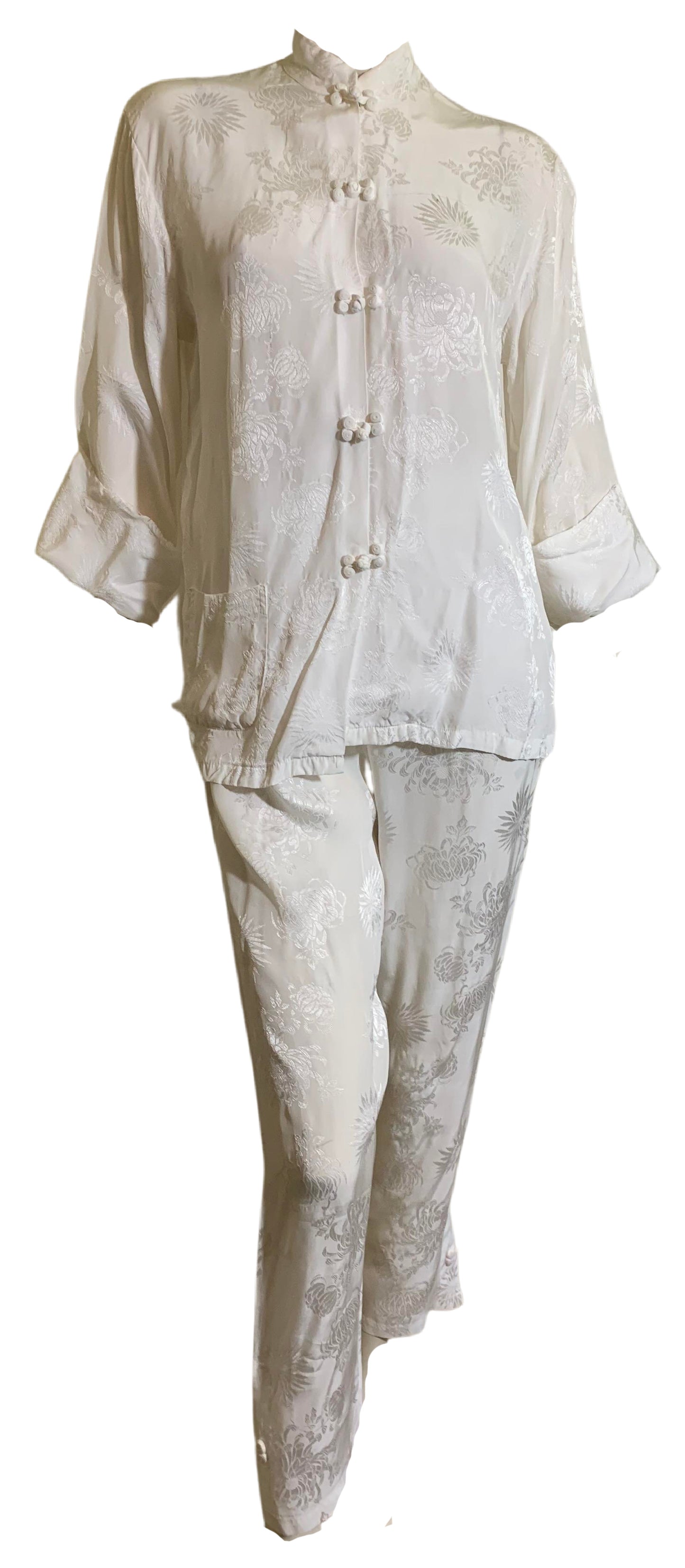 White Chinese Rayon 2 Pc Pajama Set circa 1960s