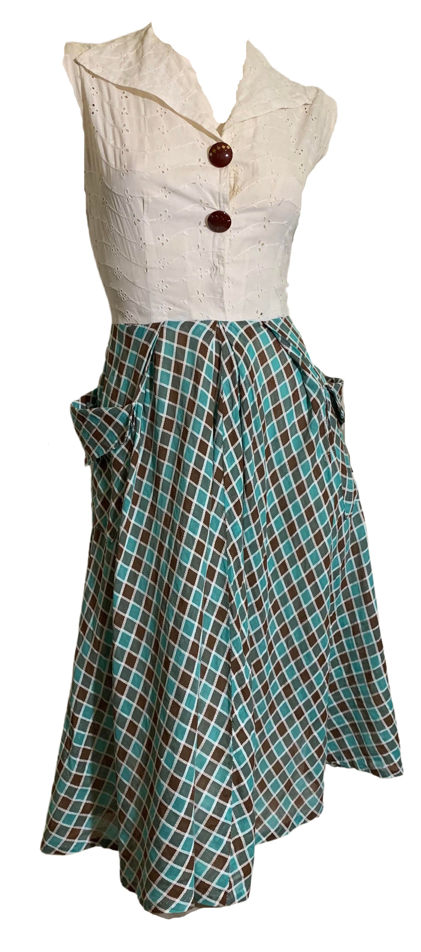Teal and Brown Harlequin Skirted Day Dress circa 1940s