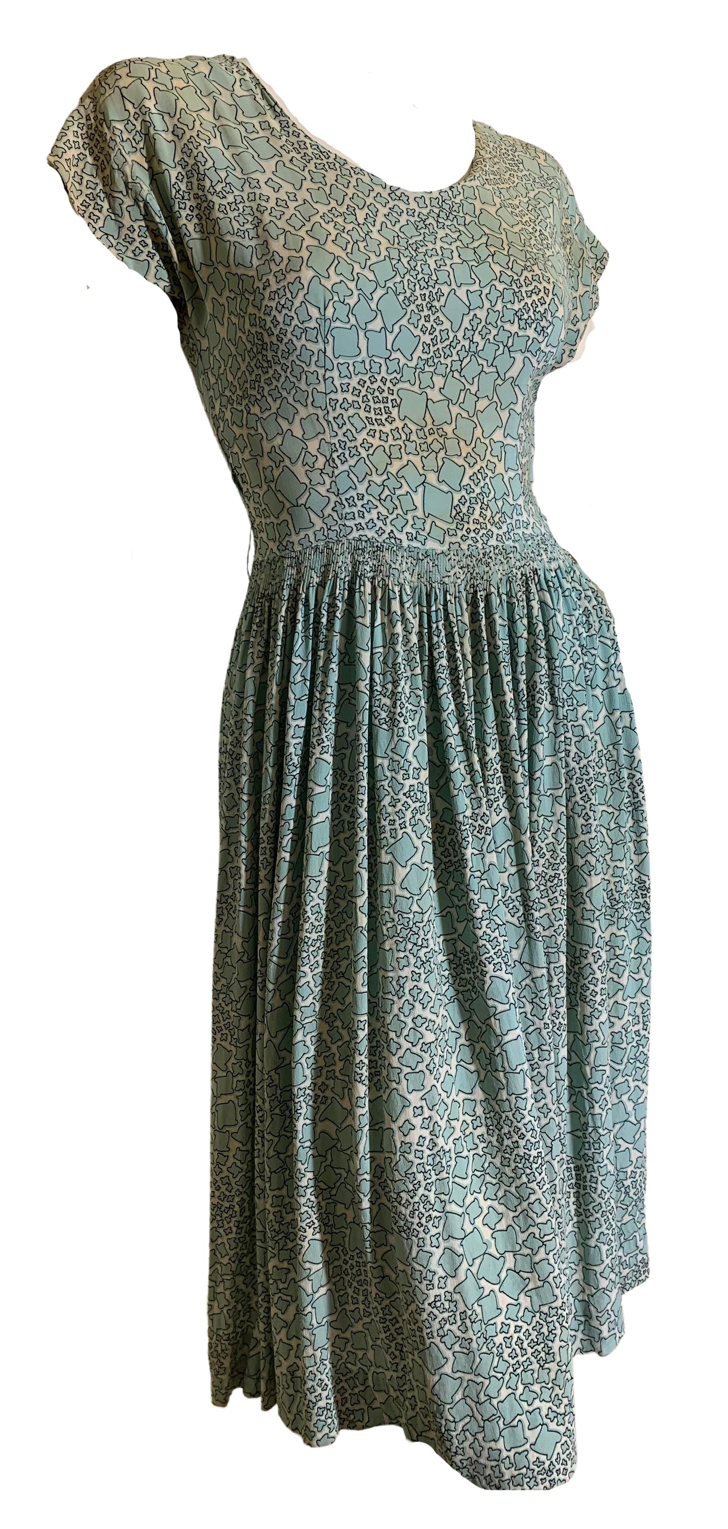 Mosaic Print Turquoise Print Dress circa 1940s