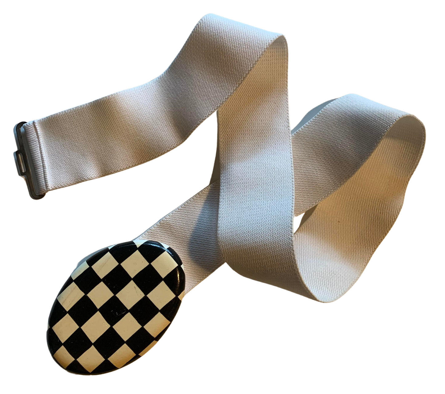 New Wave White Wide Elastic Belt Black Checkerboard Wood Clasp circa 1980s