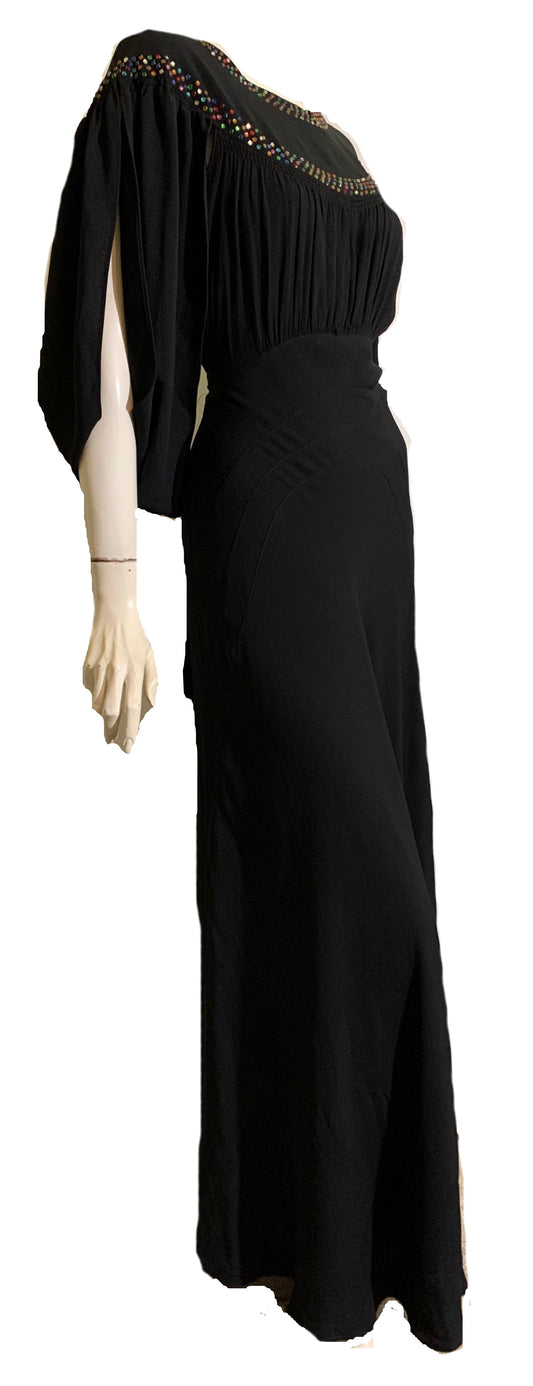 RESERVED Rainbow Vamp! Black Crepe Evening Gown with Rainbow Rhinestones and Side Slit Sleeves and Back circa 1930s