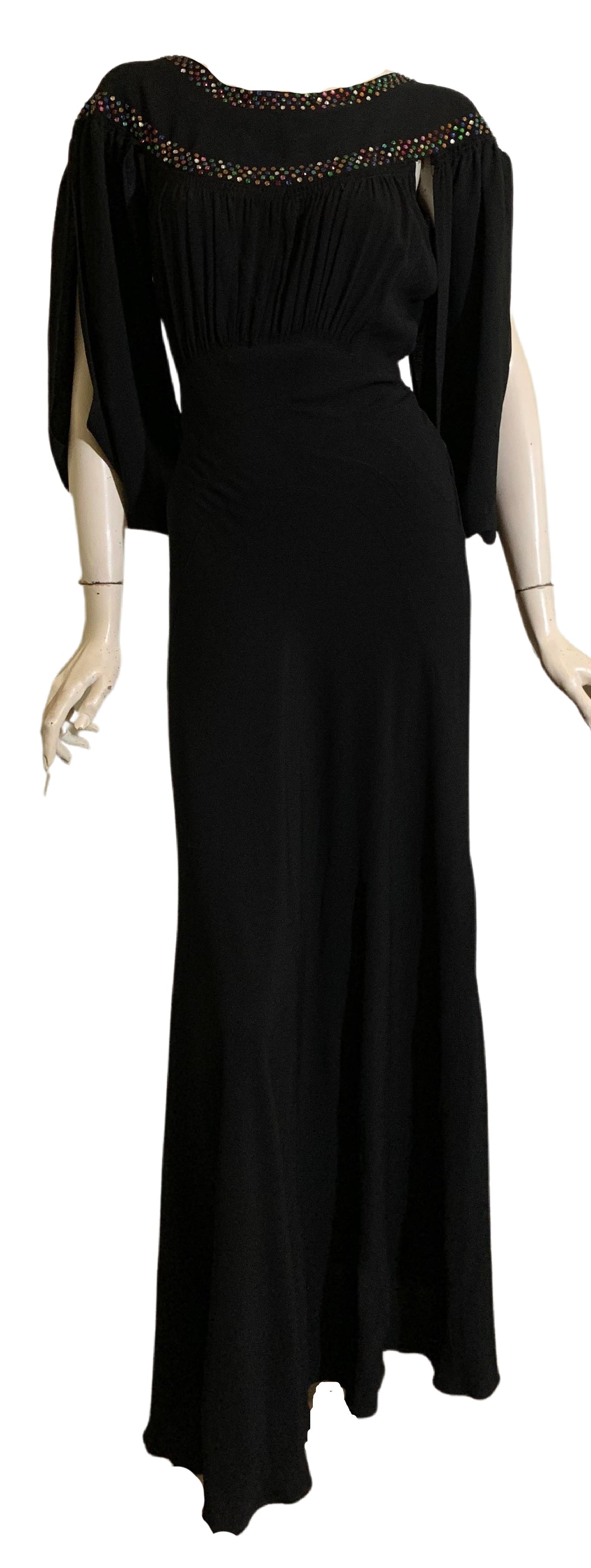 RESERVED Rainbow Vamp! Black Crepe Evening Gown with Rainbow Rhinestones and Side Slit Sleeves and Back circa 1930s