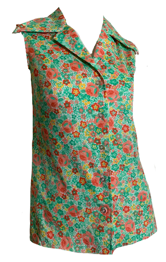 Bright Orange and Green Floral Polyester Sleeveless  Blouse circa 1970s