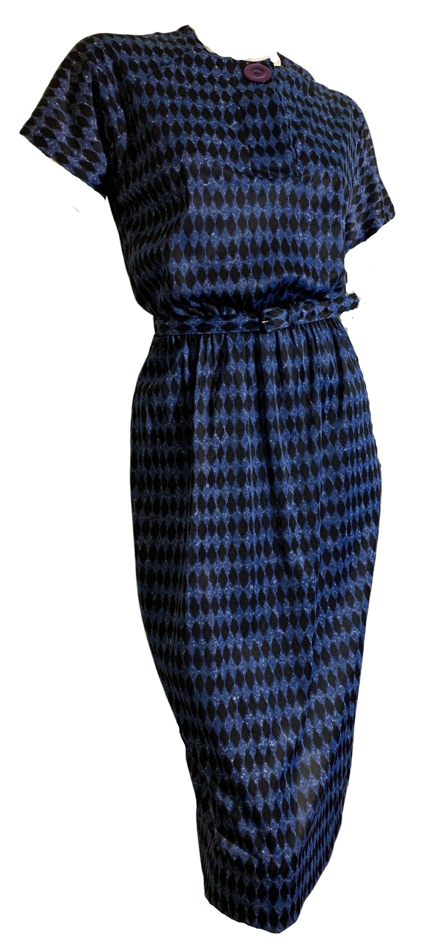 Harlequin Black and Blue Print Jersey Nylon Dress circa 1960s