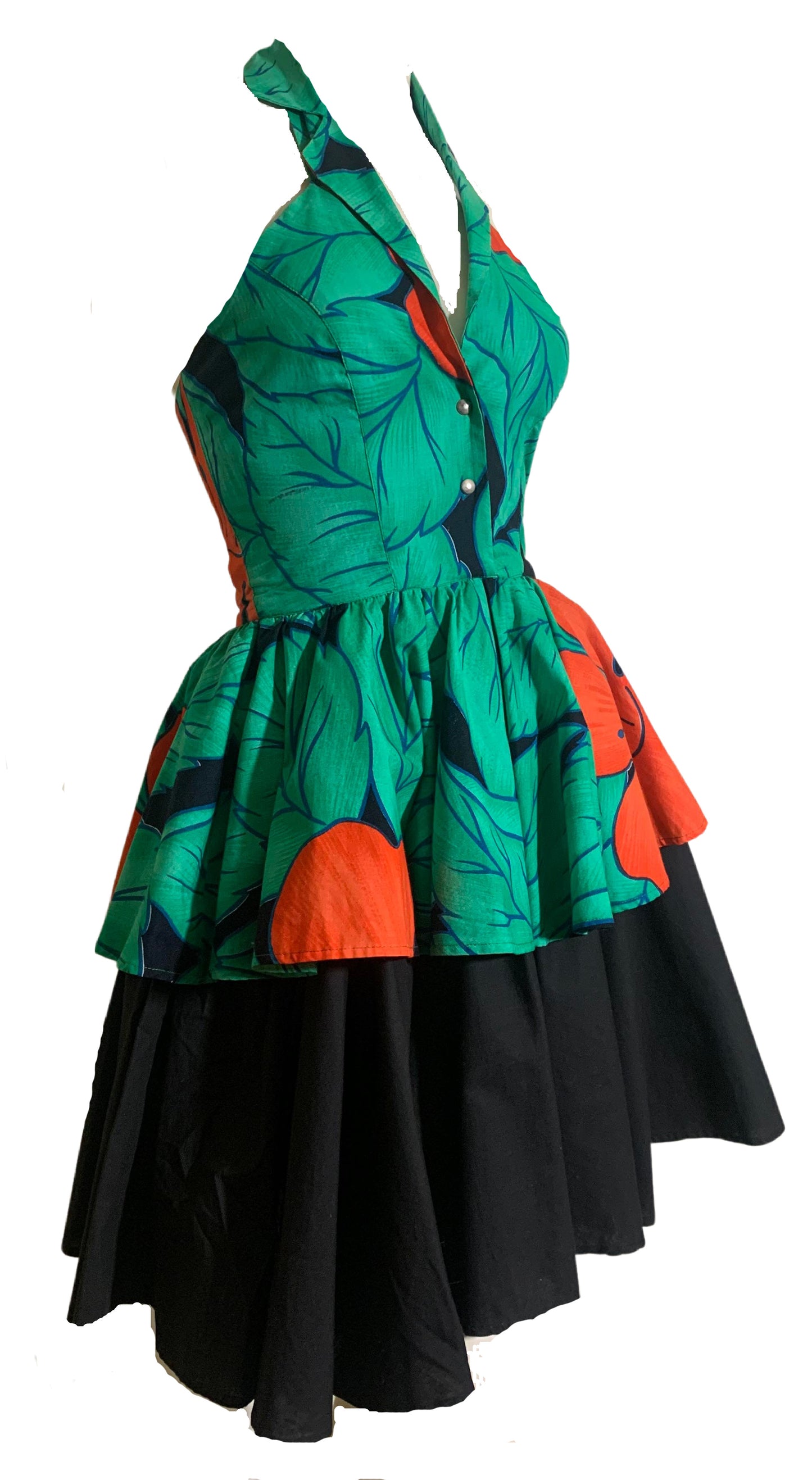 Fiorucci Tropical Print Halter Mini Dress with Peplum circa 1980s Italy
