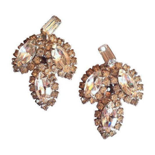 Bright Sparkling Large Leaf Shaped Rhinestone Clip Earrings circa 1950s Dorothea's Closet Vintage Jewelry